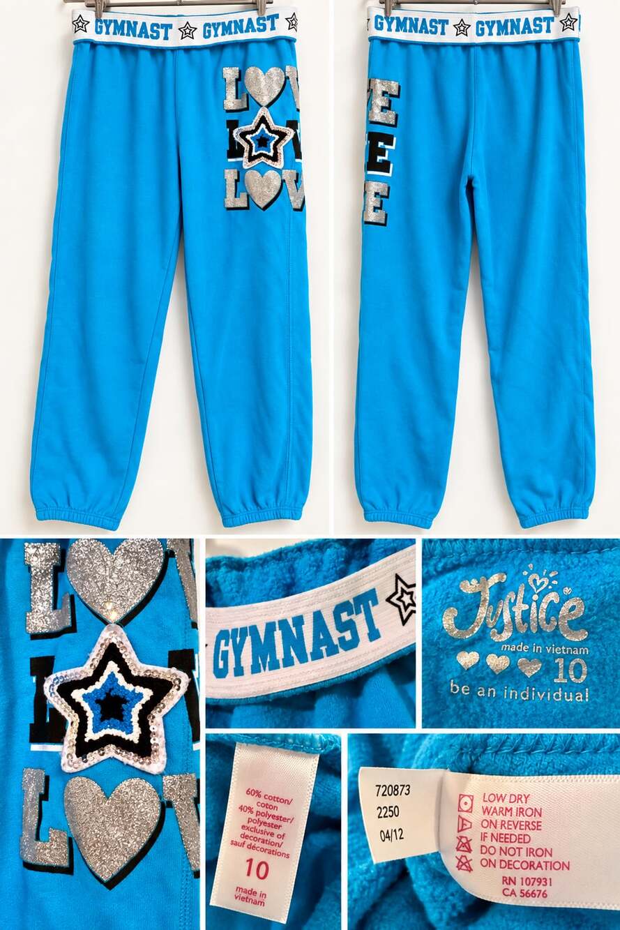 Justice Girls Size 10 Gymnast Sweatpants Blue Glitter LOVE Star Fleece Joggers